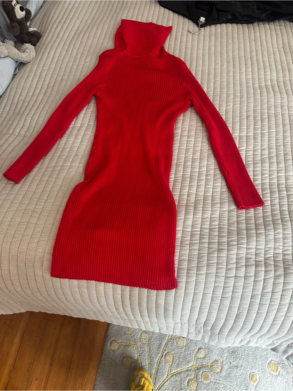 Women’s Red Ribbed Cowl Neck Sweater Dress - Picture 2 of 4